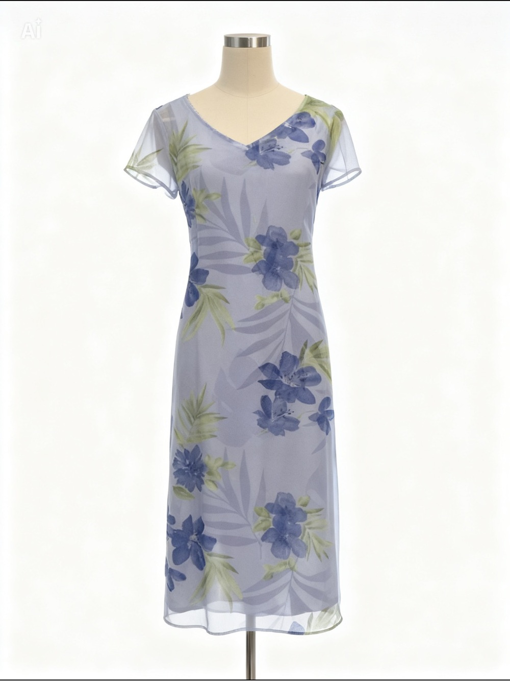 Emma James Blue Green Floral Sheer Overlay V-Neck Midi Dress Size 6